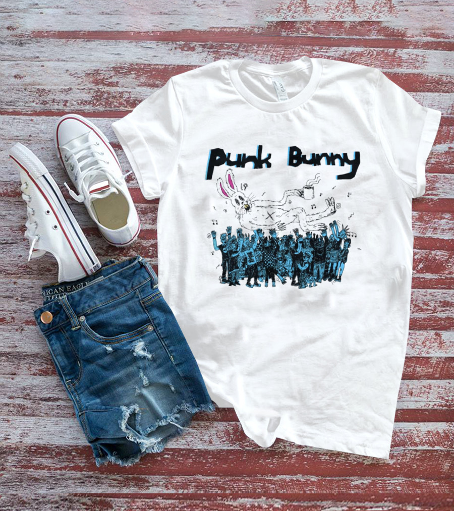 Punk Bunny Coffee Cup Crowd Green Day Style White T-Shirt