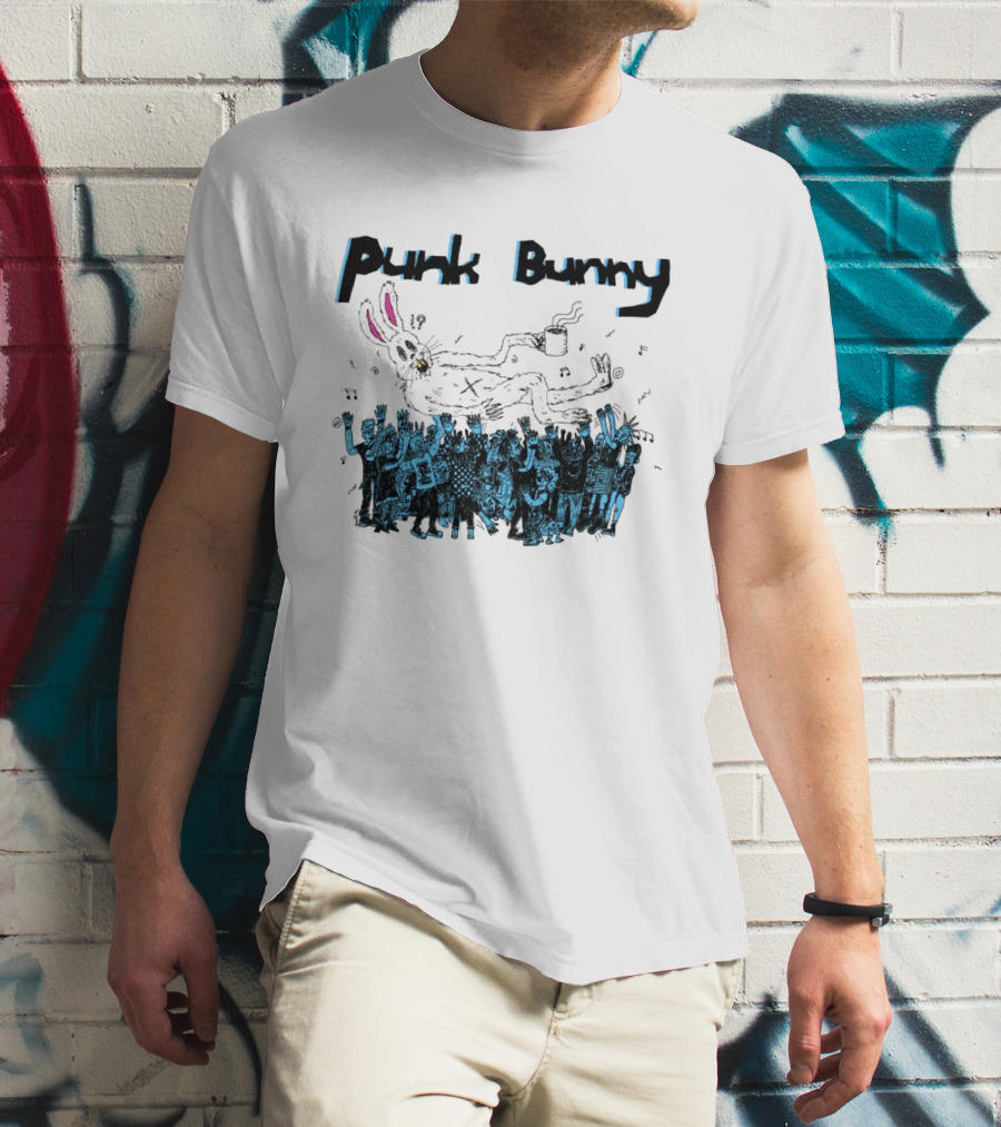 Punk Bunny Coffee Cup Crowd Green Day Style White T-Shirt