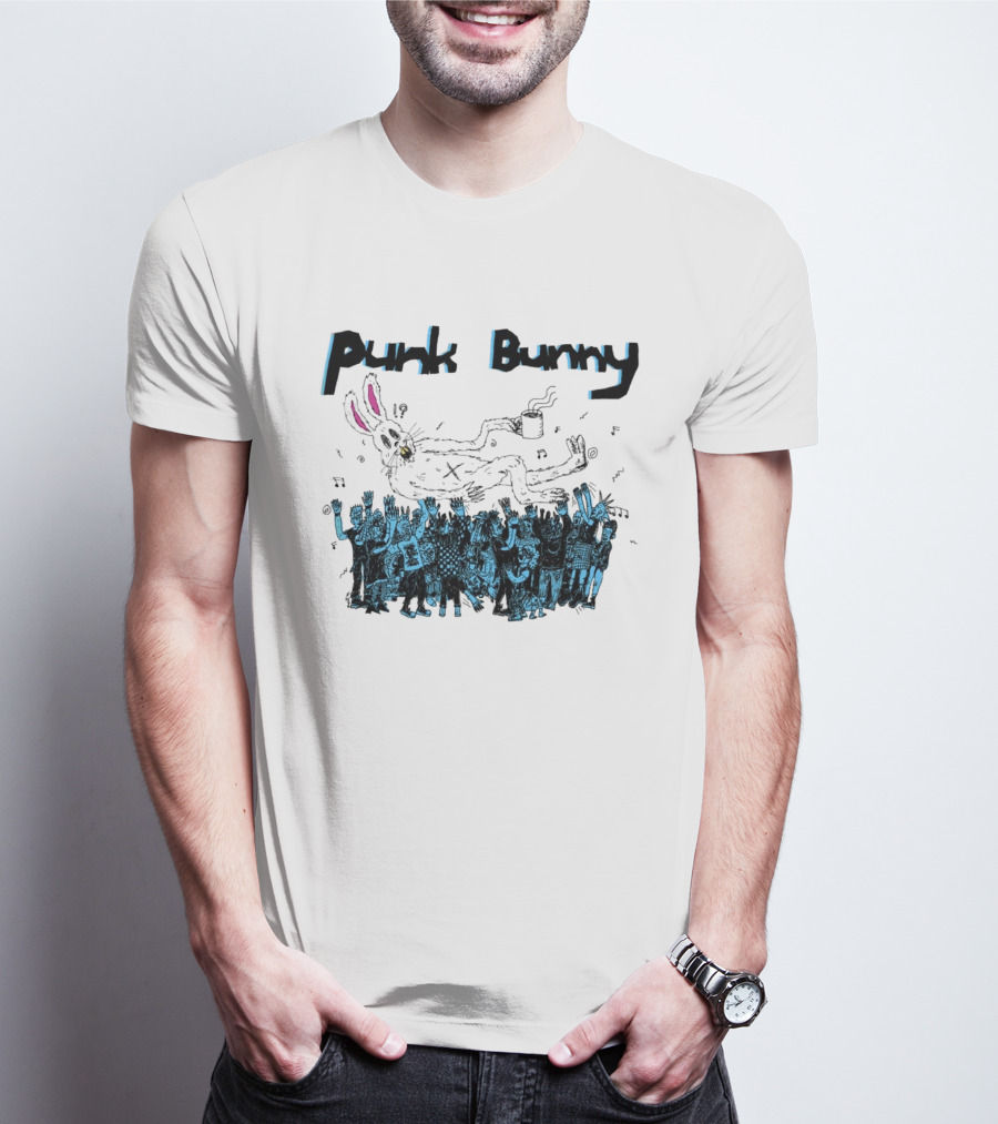 Punk Bunny Coffee Cup Crowd Green Day Style White T-Shirt