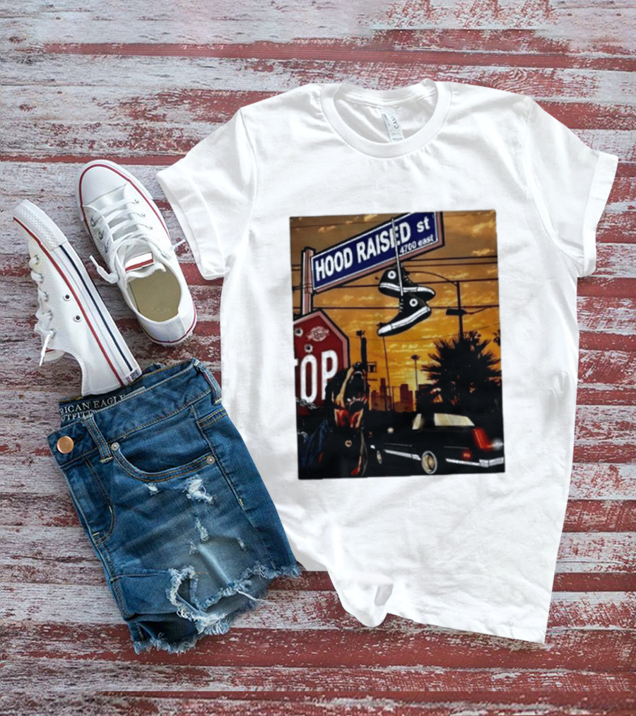 Hood Raised Street 4700 East Rottweiler Lowrider Sneakers And Sunset Urban Scene T-Shirt