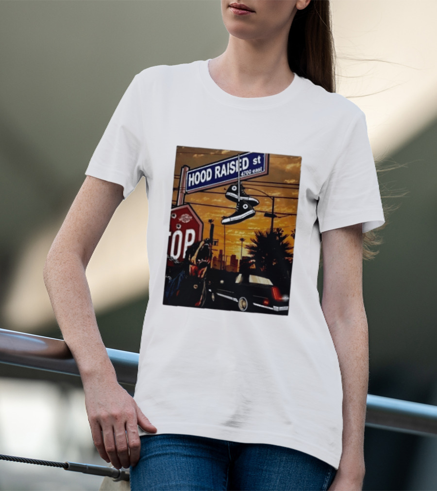Hood Raised Street 4700 East Rottweiler Lowrider Sneakers And Sunset Urban Scene T-Shirt