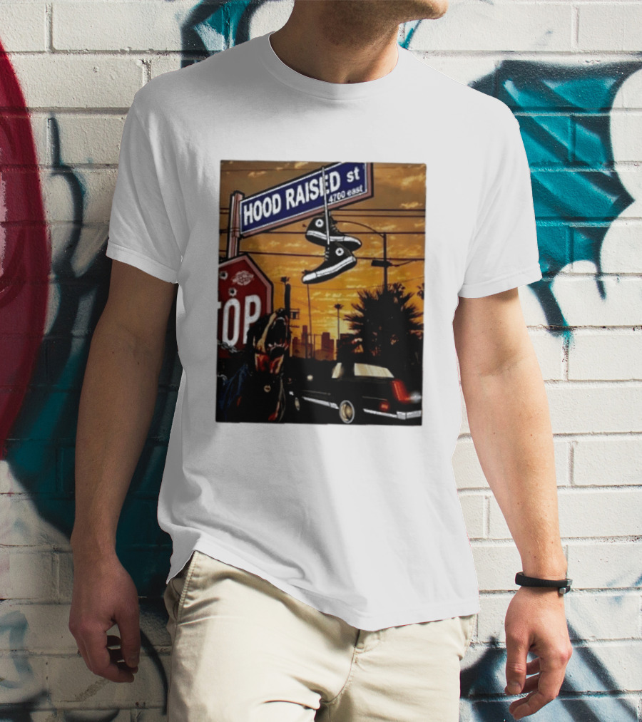 Hood Raised Street 4700 East Rottweiler Lowrider Sneakers And Sunset Urban Scene T-Shirt