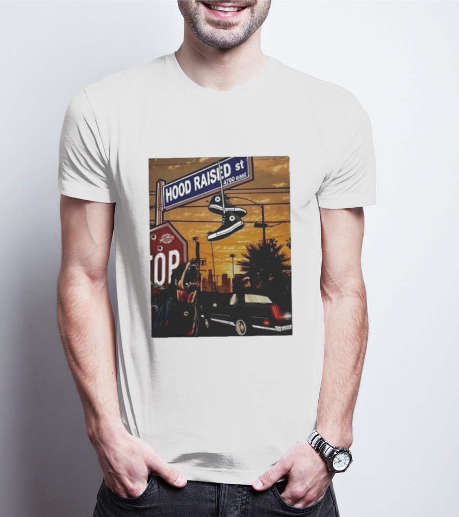 Hood Raised Street 4700 East Rottweiler Lowrider Sneakers And Sunset Urban Scene T-Shirt