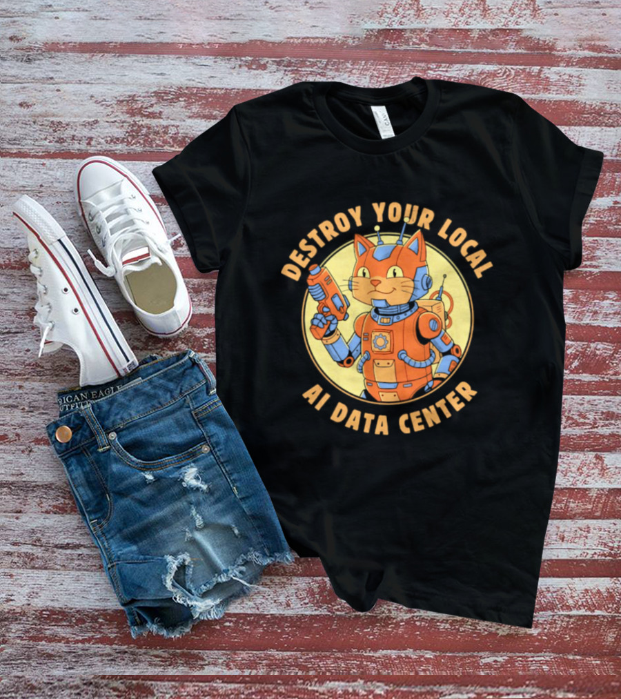 Destroy Your Local AI Data Center Robot Cat Retro Futuristic T-Shirt