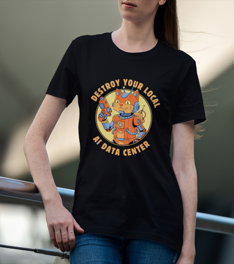 Destroy Your Local AI Data Center Robot Cat Retro Futuristic T-Shirt