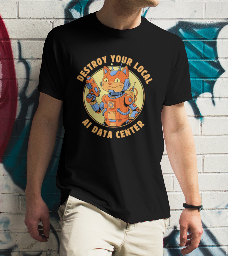 Destroy Your Local AI Data Center Robot Cat Retro Futuristic T-Shirt