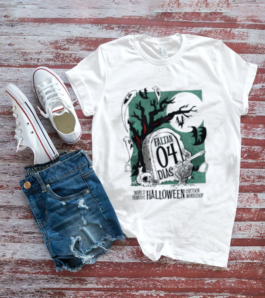 Faltan 04 Dias World Famous Halloween Cartoon Workshop Spooky Tree And Bats T-Shirt