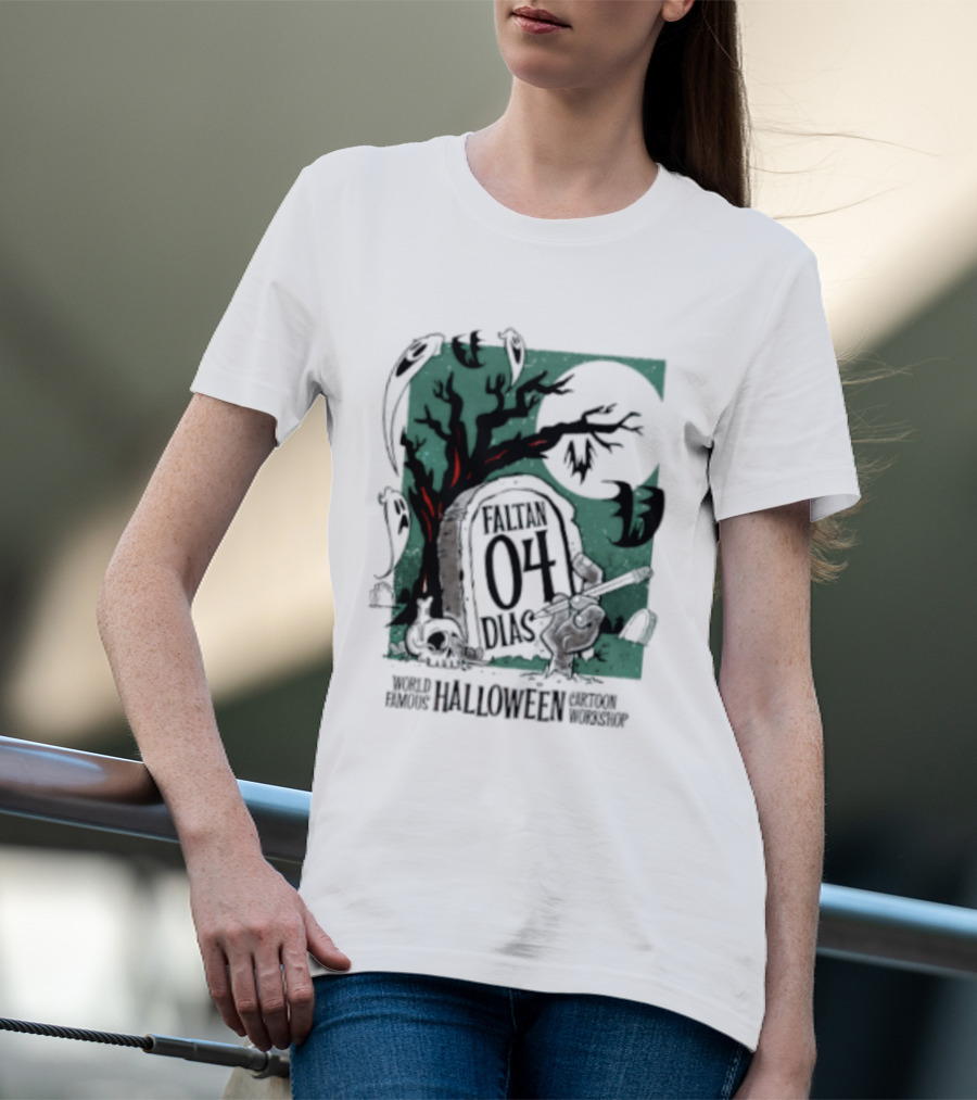 Faltan 04 Dias World Famous Halloween Cartoon Workshop Spooky Tree And Bats T-Shirt