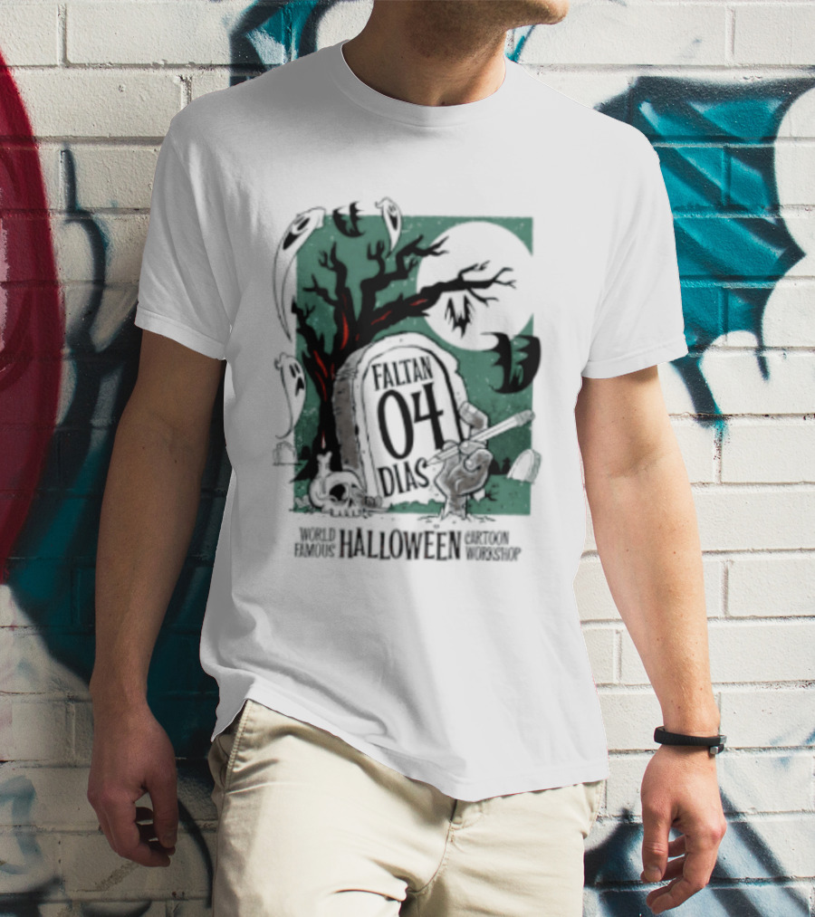 Faltan 04 Dias World Famous Halloween Cartoon Workshop Spooky Tree And Bats T-Shirt