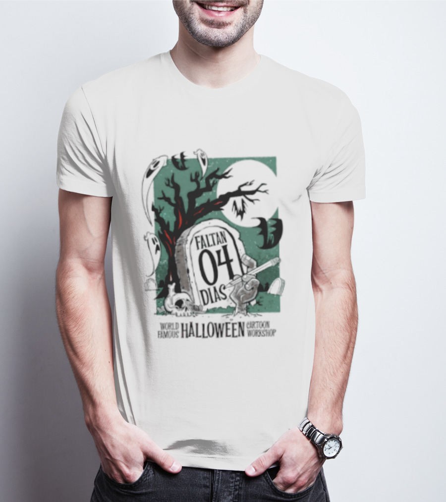 Faltan 04 Dias World Famous Halloween Cartoon Workshop Spooky Tree And Bats T-Shirt