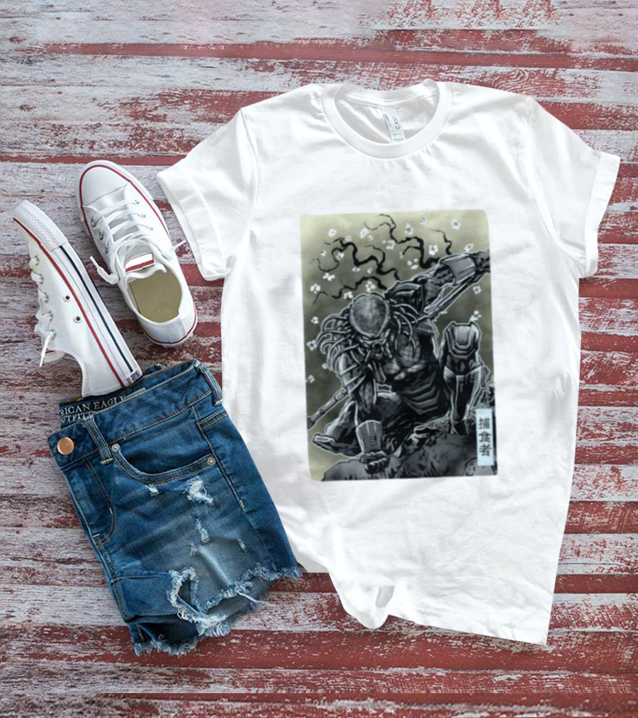 Yautja Samurai Mashup With Cherry Blossoms T-Shirt