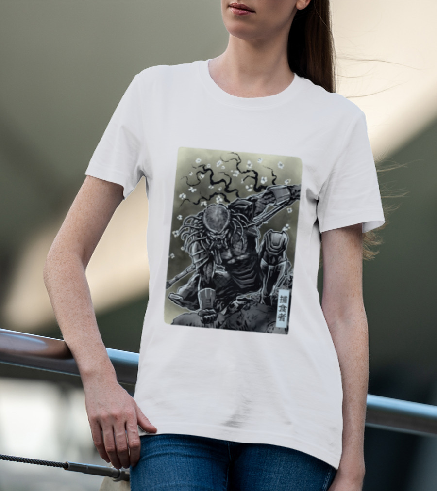 Yautja Samurai Mashup With Cherry Blossoms T-Shirt