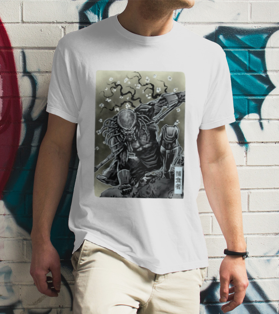 Yautja Samurai Mashup With Cherry Blossoms T-Shirt