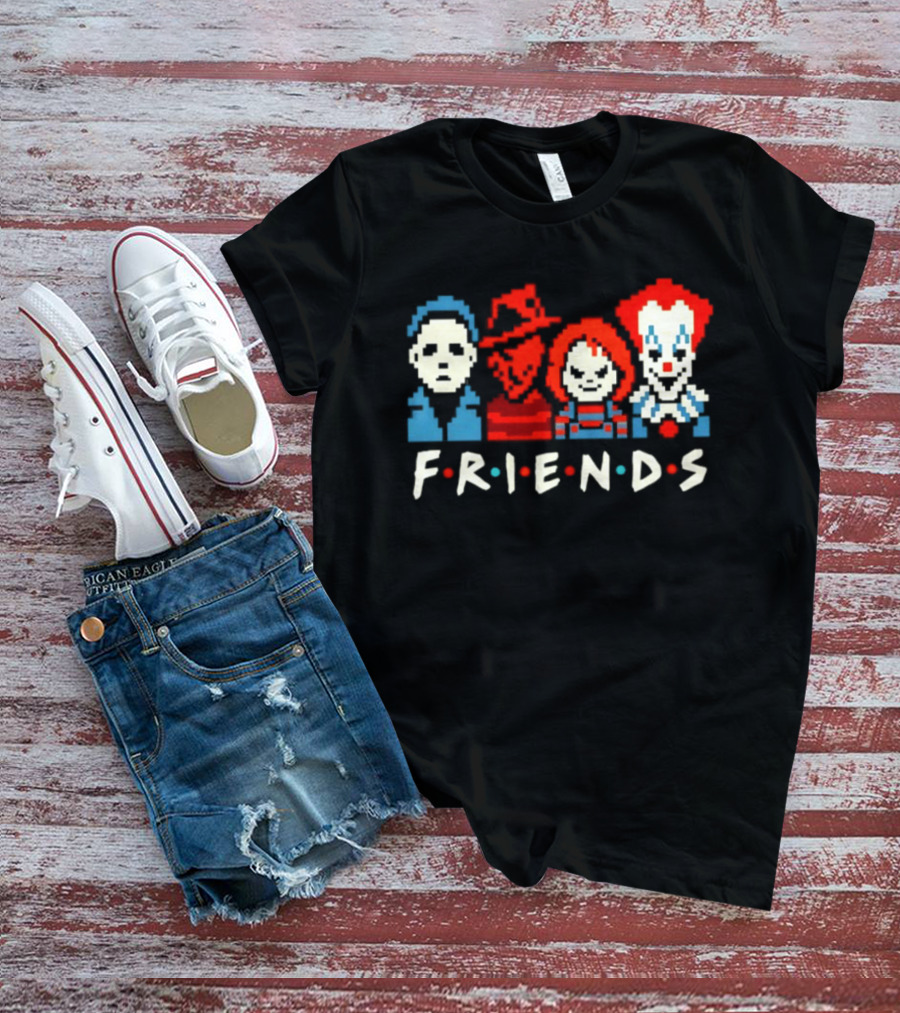 Friends Horror Movie Characters Pixel Art Michael Freddy Chucky Pennywise T-Shirt