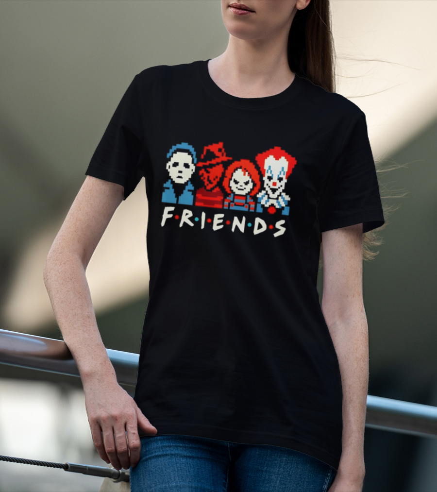 Friends Horror Movie Characters Pixel Art Michael Freddy Chucky Pennywise T-Shirt