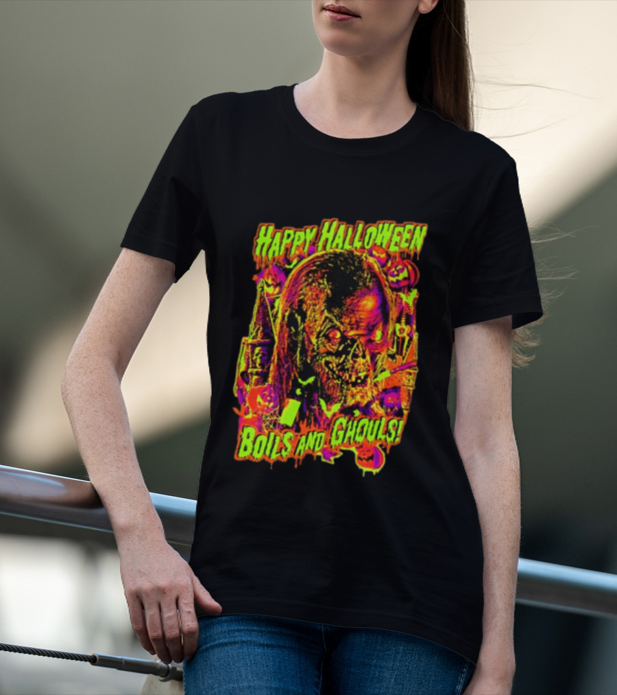 Happy Halloween Boils And Ghouls Horror Zombie Pumpkins Candles Spooky Scene T-Shirt