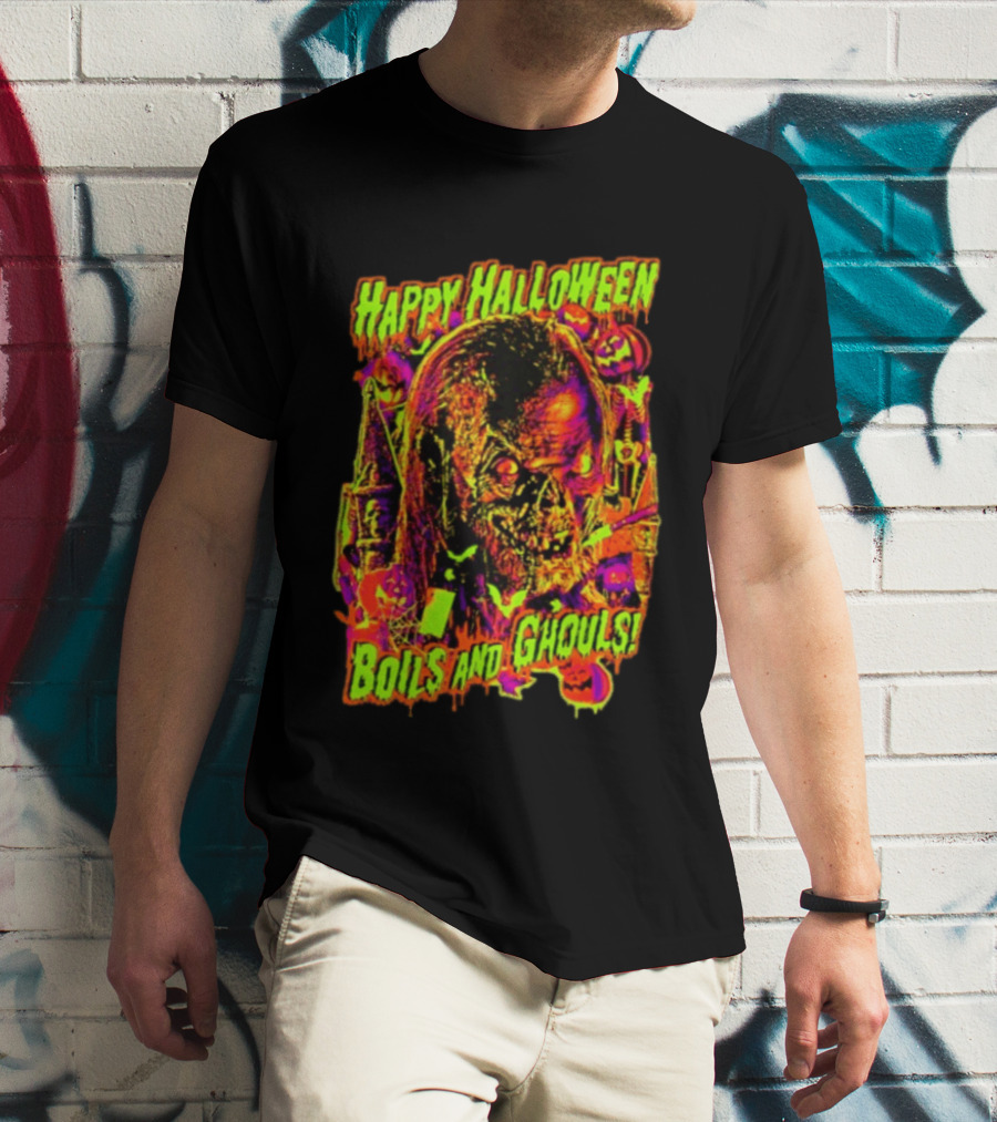 Happy Halloween Boils And Ghouls Horror Zombie Pumpkins Candles Spooky Scene T-Shirt