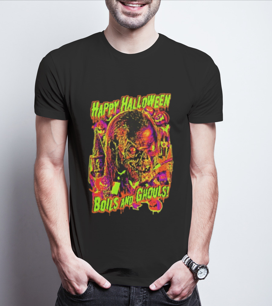 Happy Halloween Boils And Ghouls Horror Zombie Pumpkins Candles Spooky Scene T-Shirt