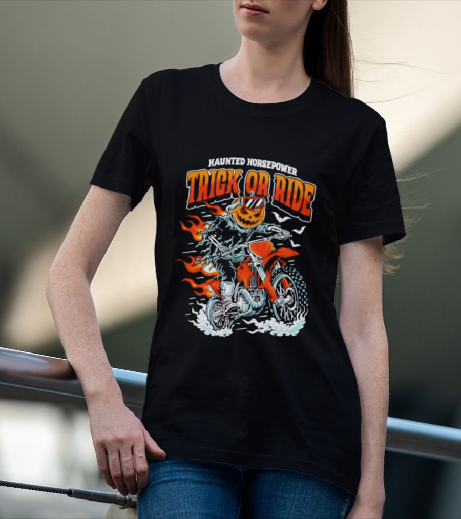 Haunted Horsepower Trick Or Ride Halloween Pumpkin Motorcycle Flames T-Shirt