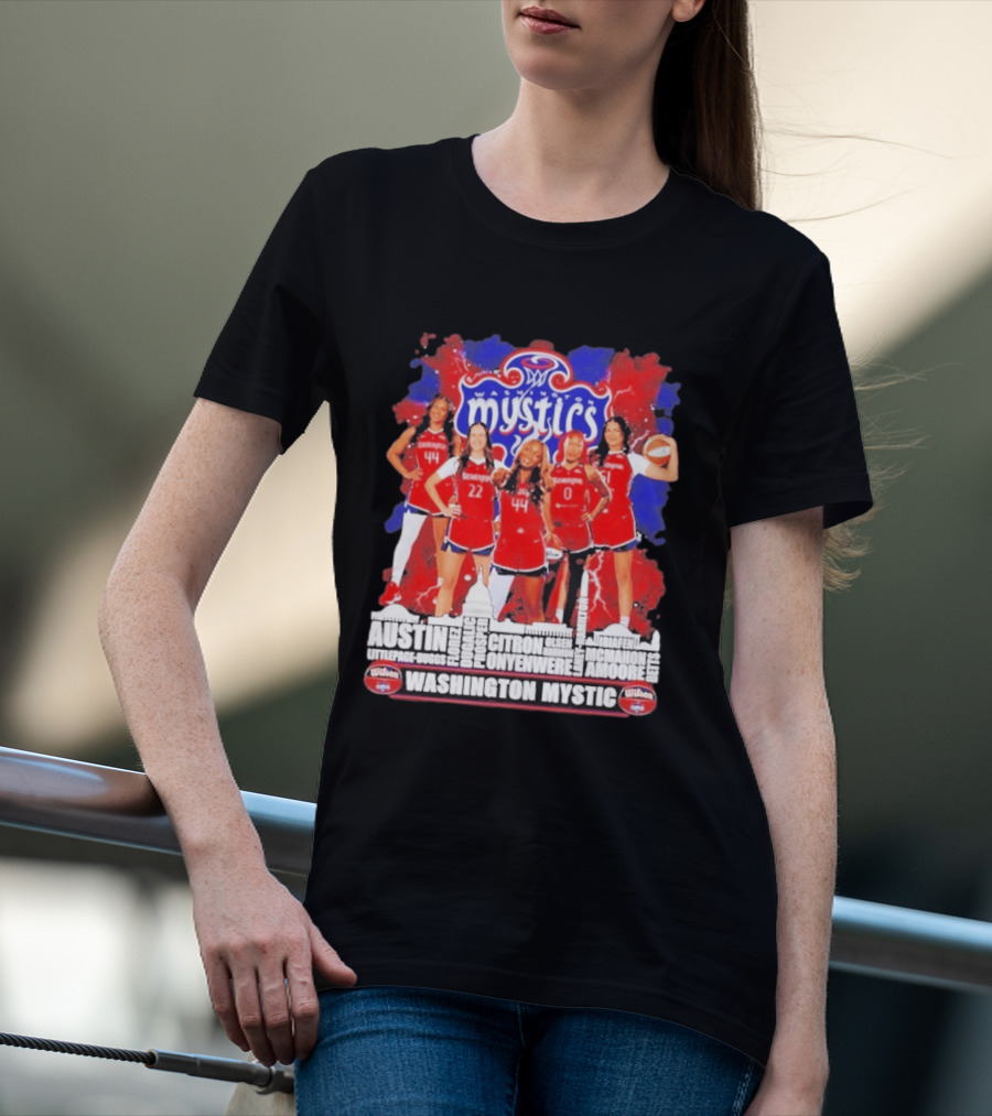 Washington Mystics Roster WNBA Basketball Skyline Austin Littlepage Buggs Poole Citron Onyenwere Amihere Olsen McMahon Amooore T-Shirt