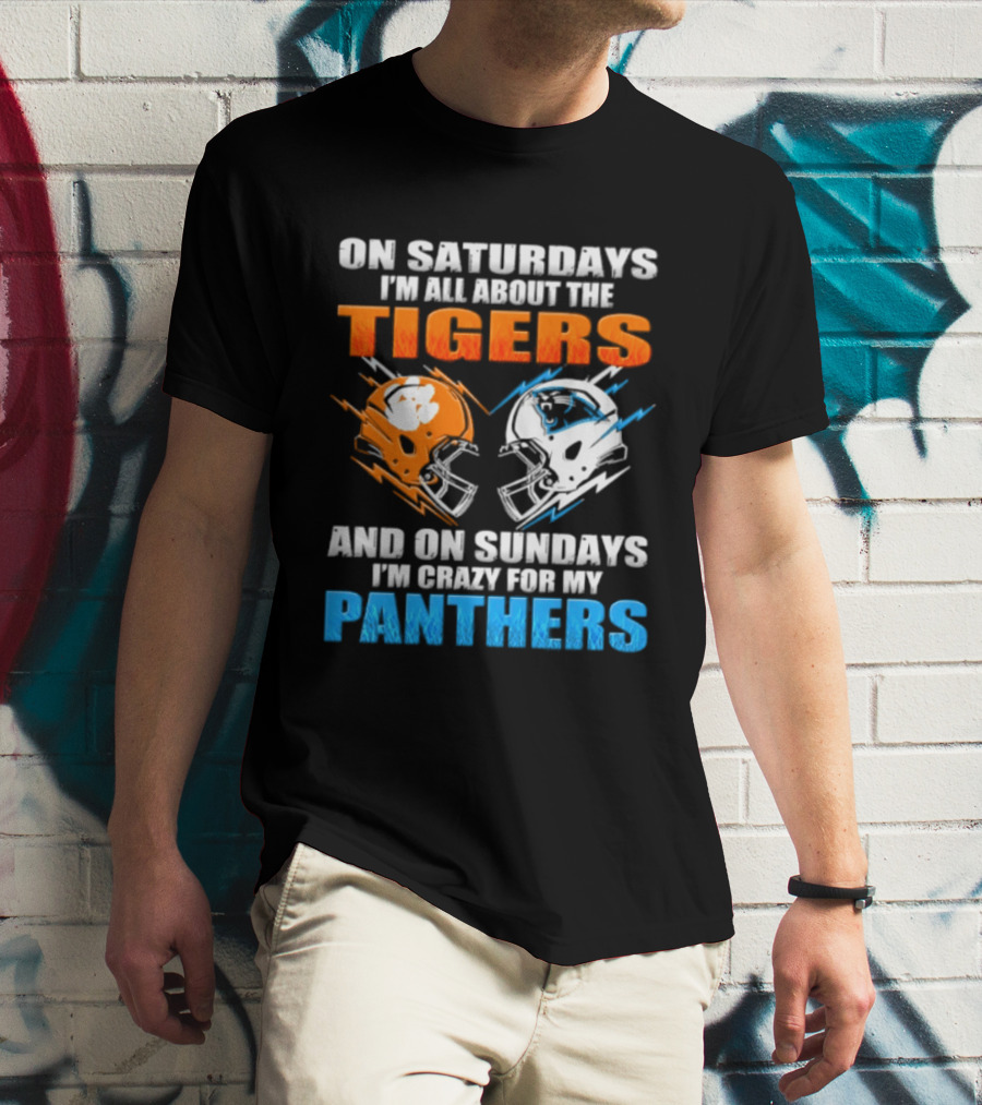 On Saturdays I'm All About The Tigers On Sundays I'm Crazy For My Panthers Football Helmet T-Shirt
