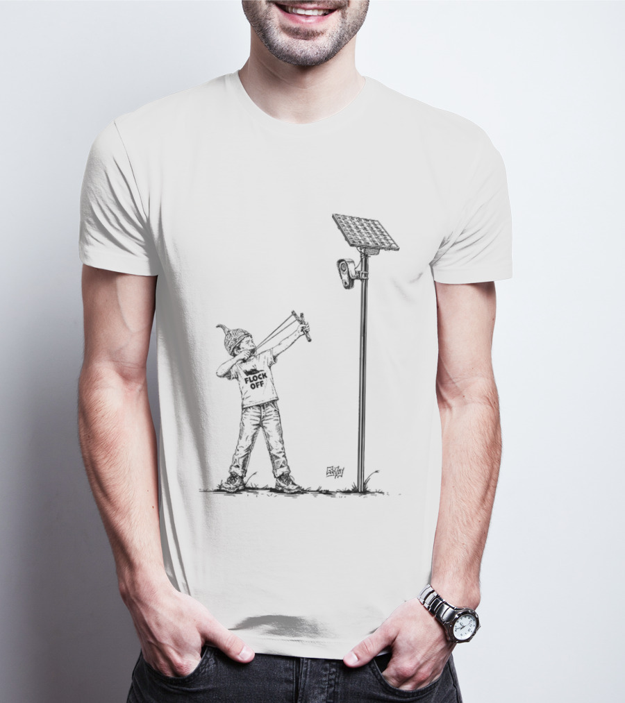 Boy With Slingshot Targeting Solar Camera Flock Off T-Shirt