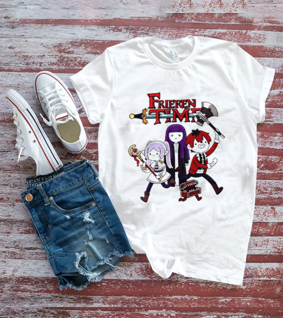 Frieren Time Adventure Time Anime Crossover Characters With Weapons And Staff T-Shirt