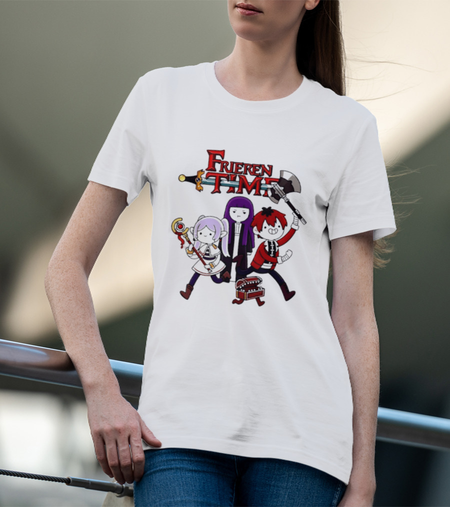 Frieren Time Adventure Time Anime Crossover Characters With Weapons And Staff T-Shirt