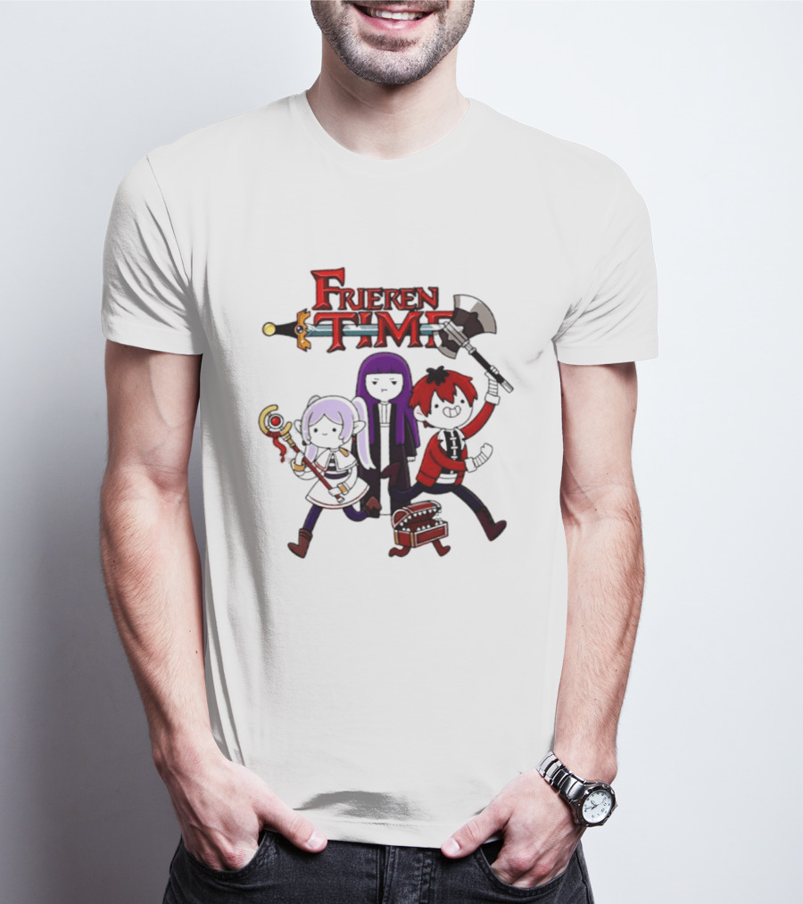 Frieren Time Adventure Time Anime Crossover Characters With Weapons And Staff T-Shirt