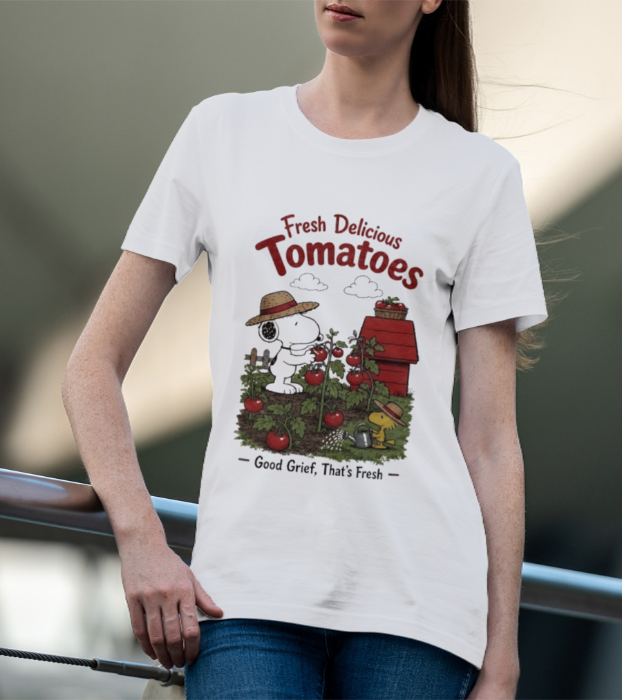 Snoopy Fresh Delicious Tomatoes Good Grief That's Fresh Garden Scene T-Shirt