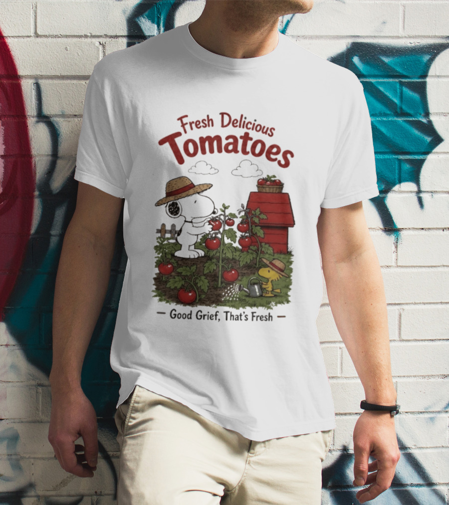 Snoopy Fresh Delicious Tomatoes Good Grief That's Fresh Garden Scene T-Shirt