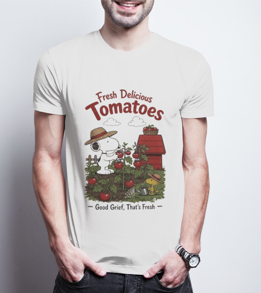 Snoopy Fresh Delicious Tomatoes Good Grief That's Fresh Garden Scene T-Shirt