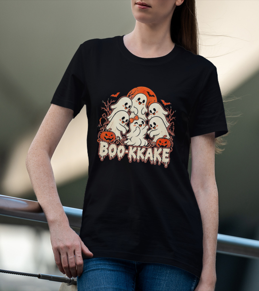 Boo Kkake Japanese Halloween Ghosts Pumpkins Bats Orange Moon T-Shirt
