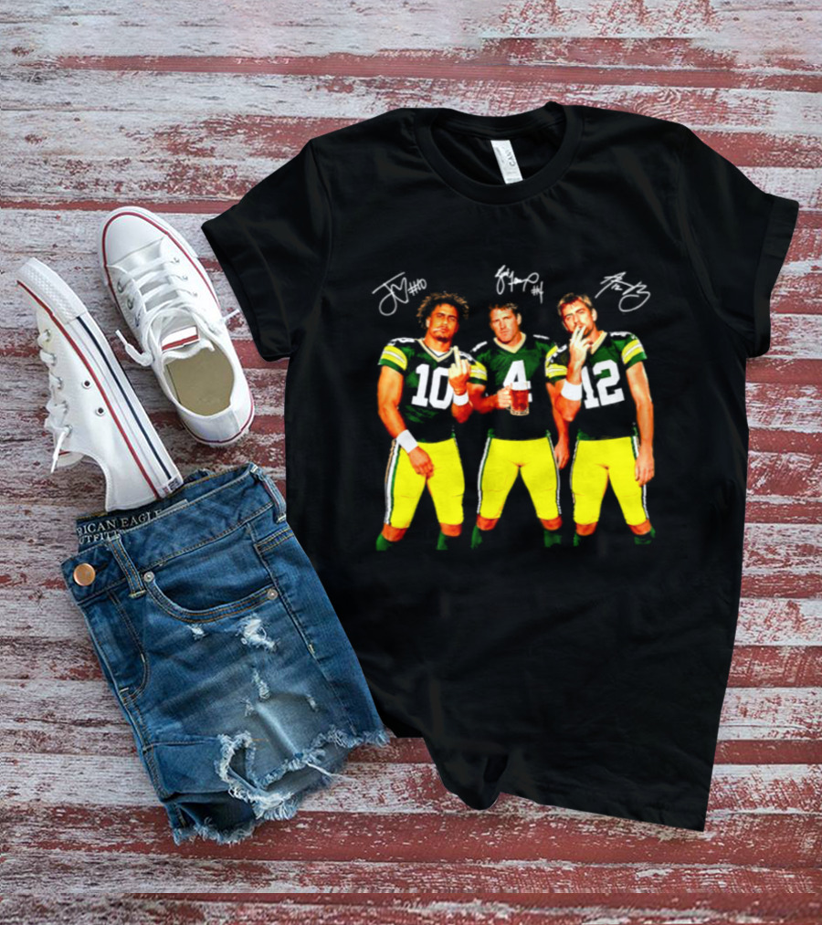 Brett Favre Aaron Rodgers Jordan Love Green Bay Packers Middle Finger Beer Smoking Signatures T-Shirt