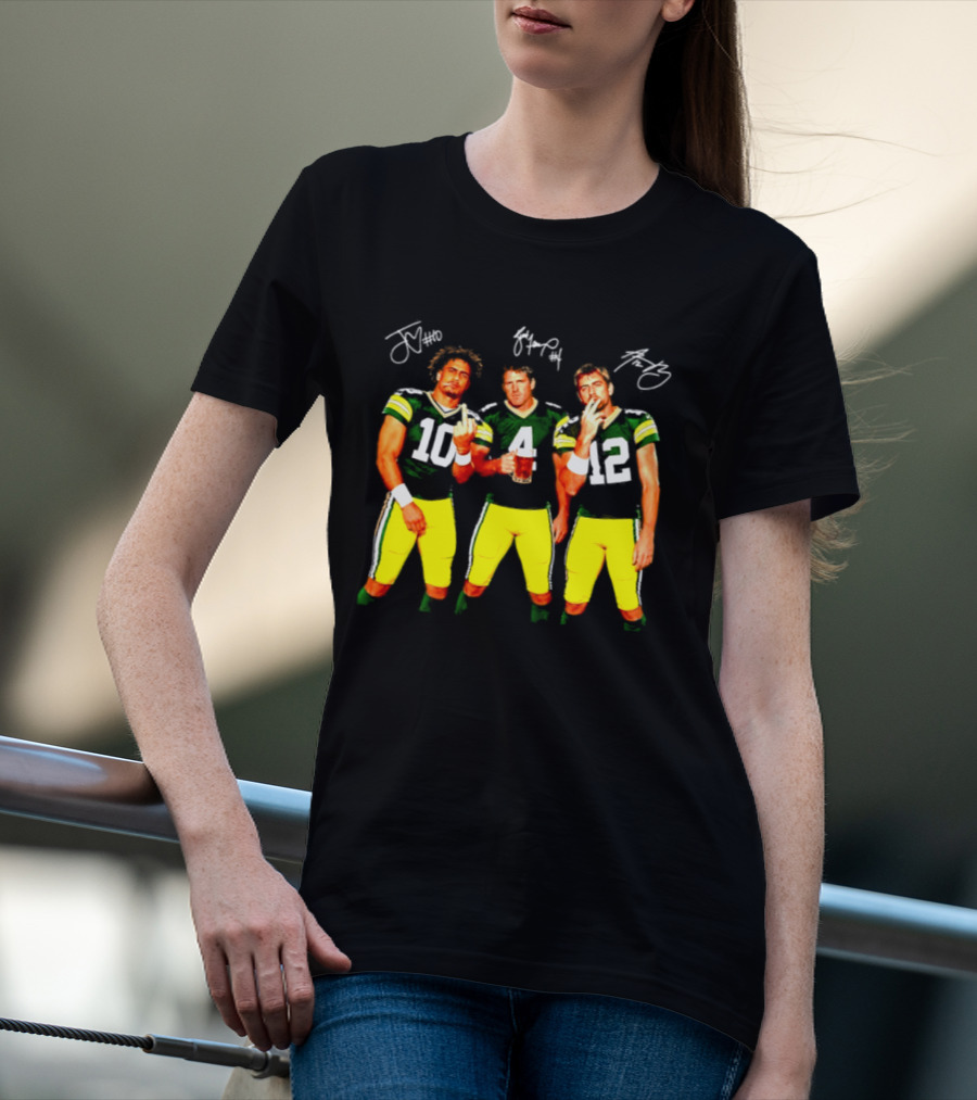 Brett Favre Aaron Rodgers Jordan Love Green Bay Packers Middle Finger Beer Smoking Signatures T-Shirt