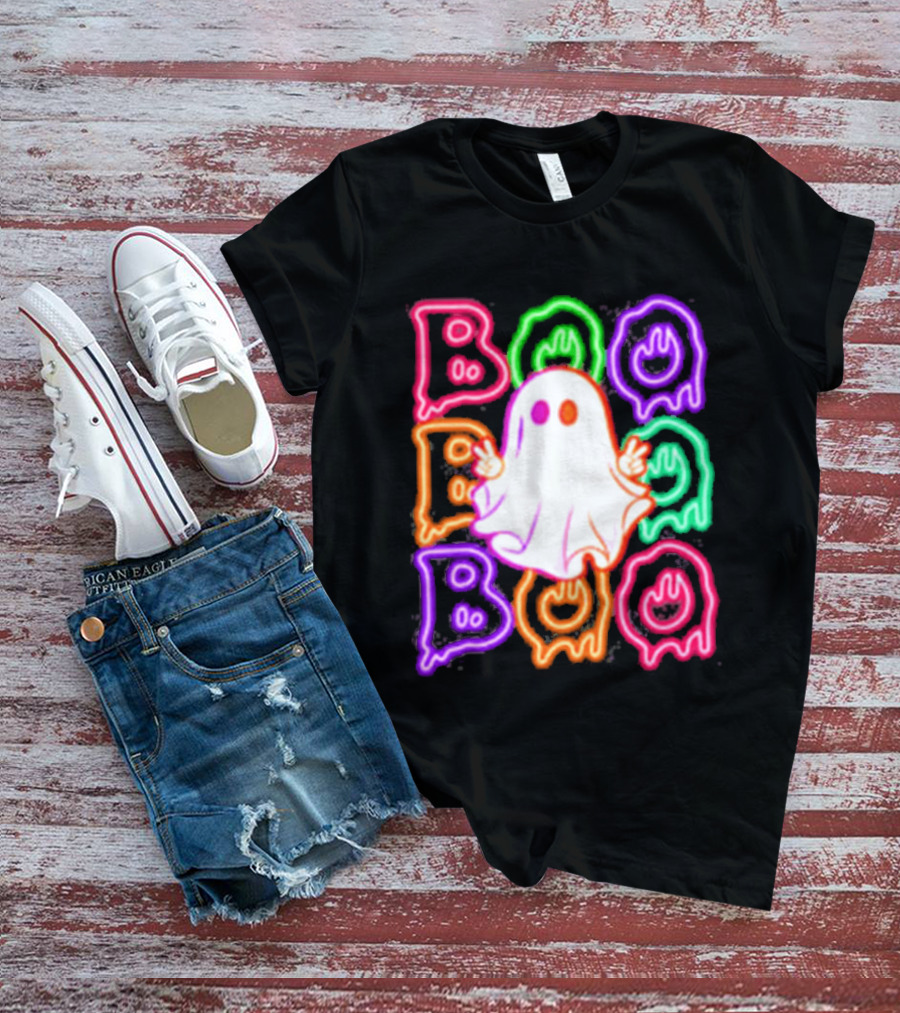 Ghost Boo Neon Halloween Spooky Bright T-Shirt