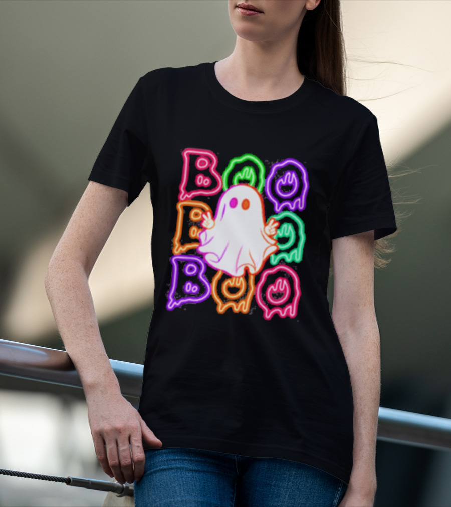 Ghost Boo Neon Halloween Spooky Bright T-Shirt