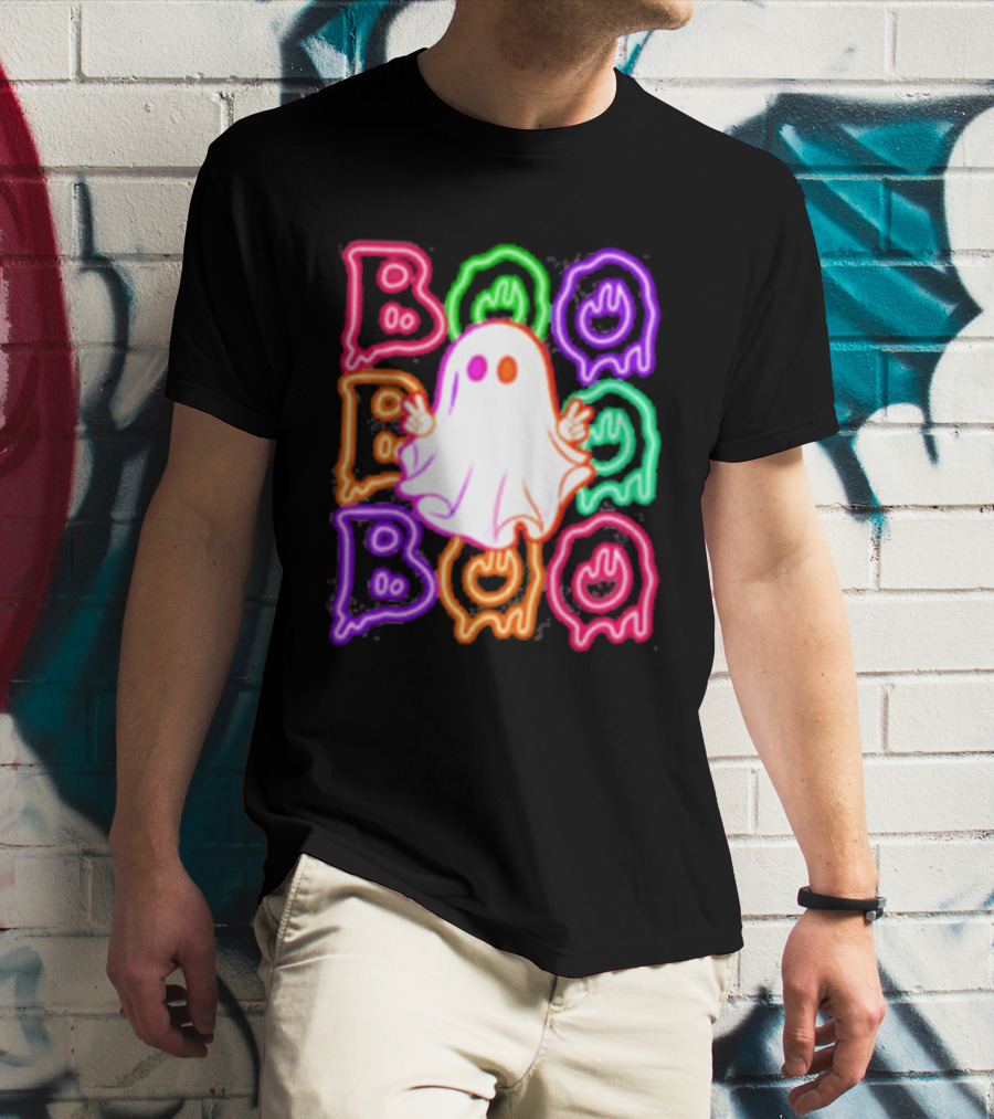 Ghost Boo Neon Halloween Spooky Bright T-Shirt