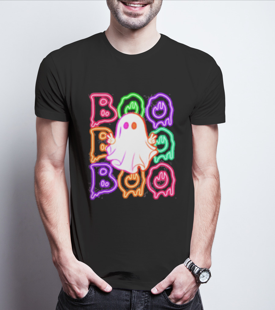 Ghost Boo Neon Halloween Spooky Bright T-Shirt