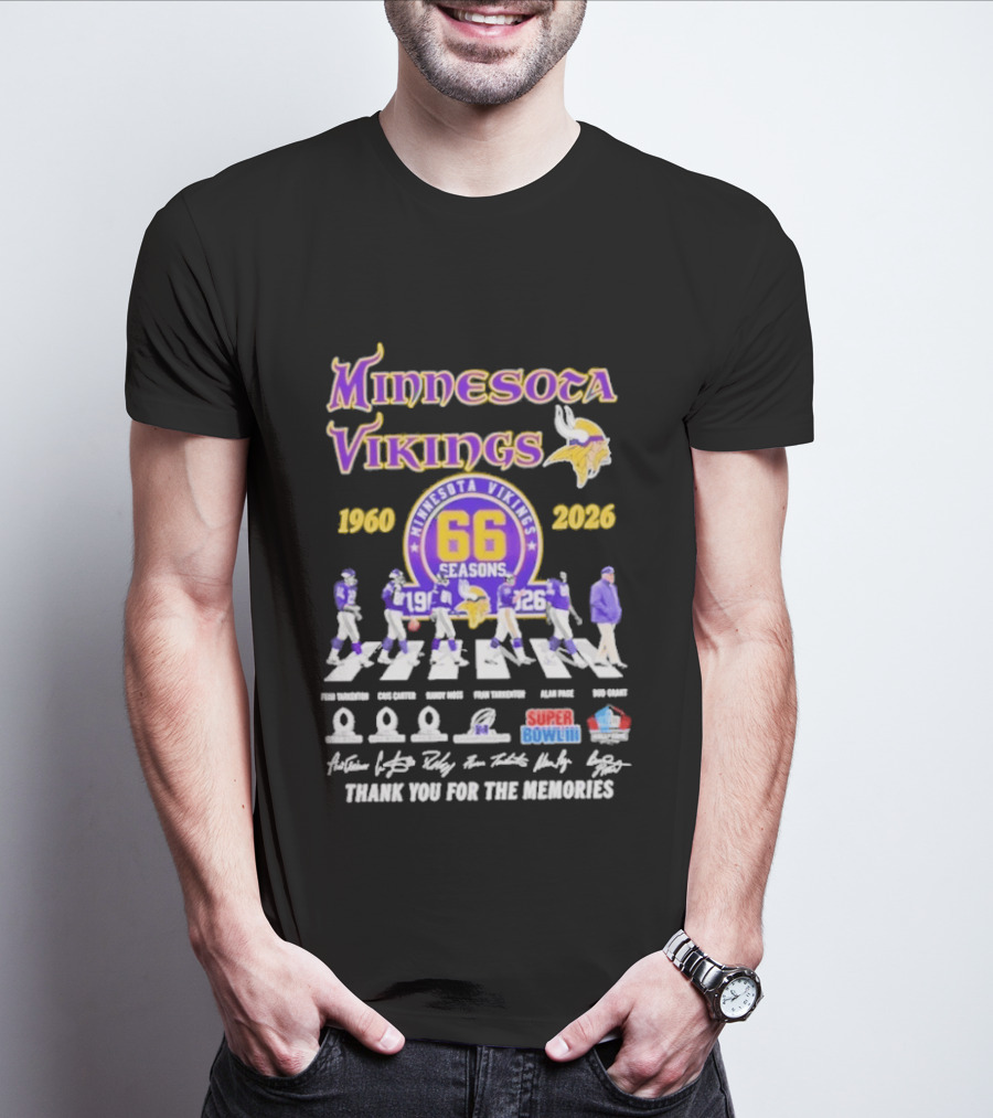 Minnesota Vikings 66 Seasons 1960 2026 Abbey Road Fran Tarkenton Cris Carter Randy Moss Alan Page Bud Grant Super Bowl Thank You For The Memories T-Shirt