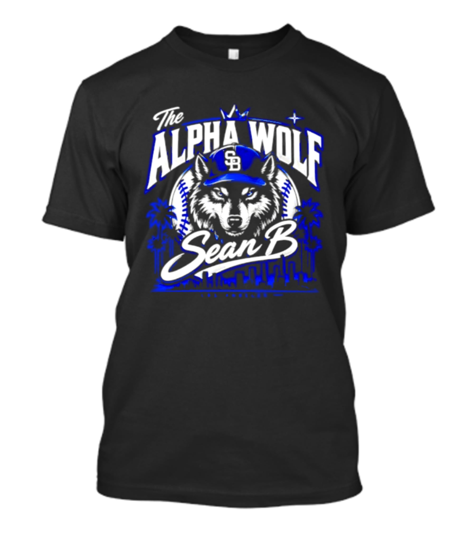 The Alpha Wolf Sean B LA Dodgers Skyline Wolf Baseball Cap Stars Palms T-Shirt