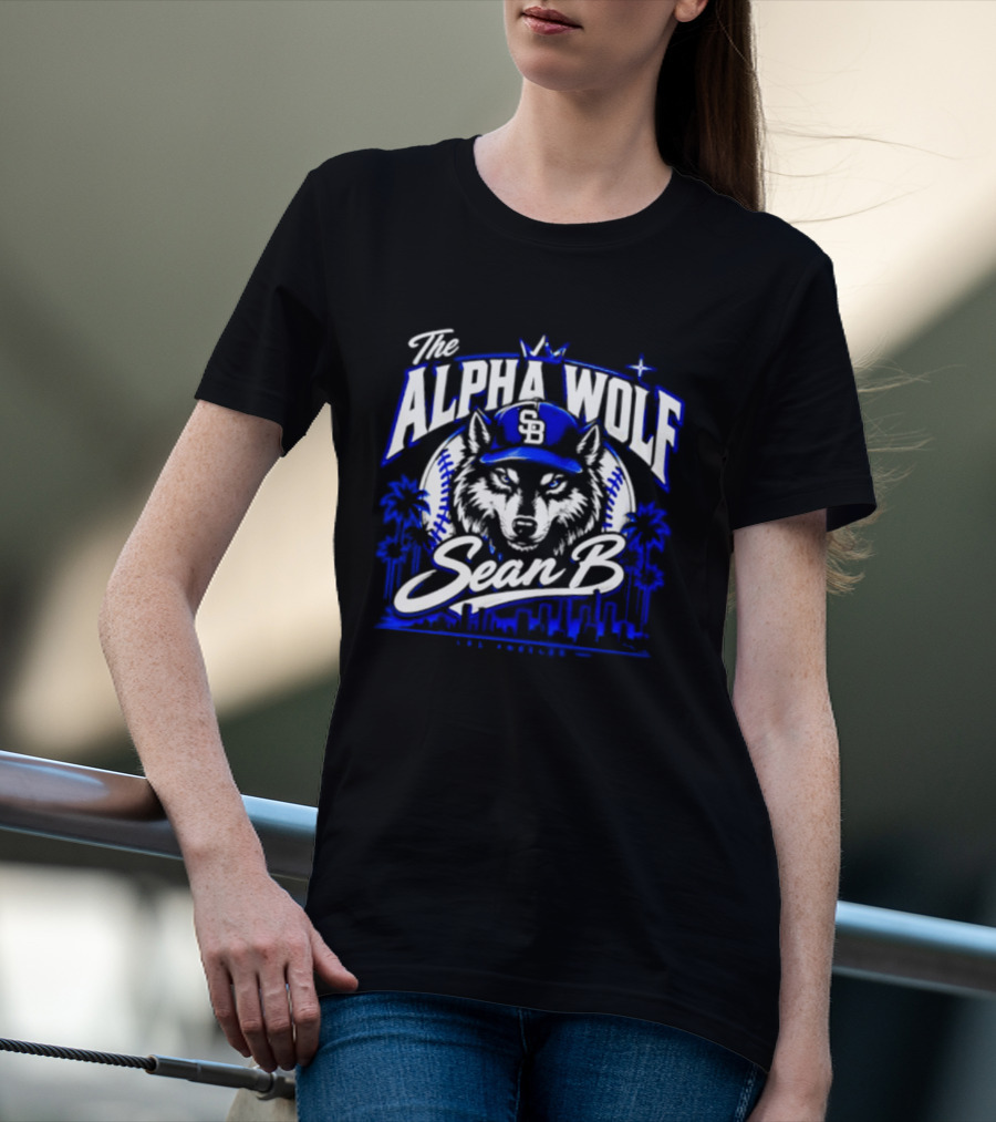The Alpha Wolf Sean B LA Dodgers Skyline Wolf Baseball Cap Stars Palms T-Shirt