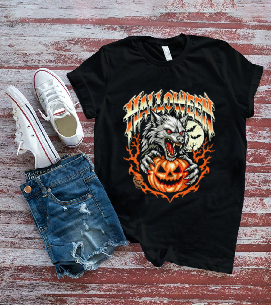 Halloween Werewolf With Jack O' Lantern And Full Moon T-Shirt