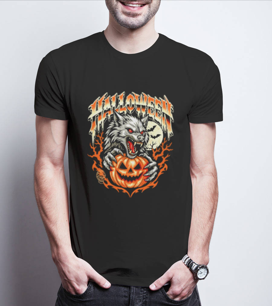Halloween Werewolf With Jack O' Lantern And Full Moon T-Shirt