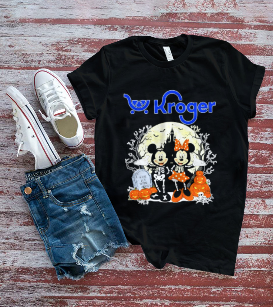 Kroger Mickey And Minnie Mouse Skeleton Halloween Pumpkins And Gravestone T-Shirt