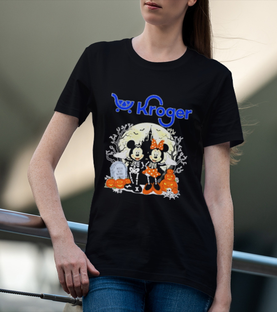 Kroger Mickey And Minnie Mouse Skeleton Halloween Pumpkins And Gravestone T-Shirt