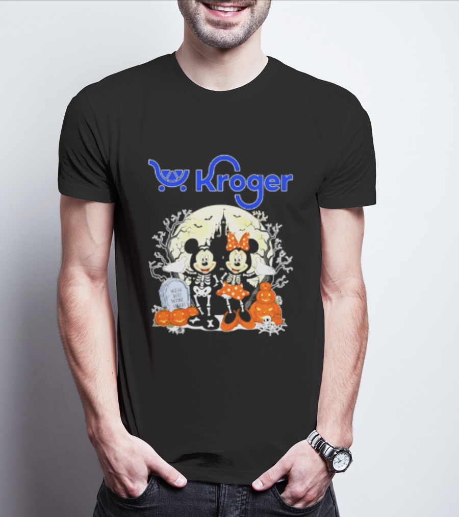 Kroger Mickey And Minnie Mouse Skeleton Halloween Pumpkins And Gravestone T-Shirt