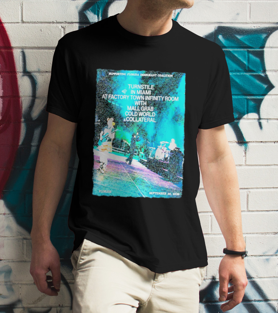 Supporting Florida Immigrant Coalition Turnstile In Miami Factory Town Infinity Room With Mall Grab Cold World Collateral September 20 2026 T-Shirt