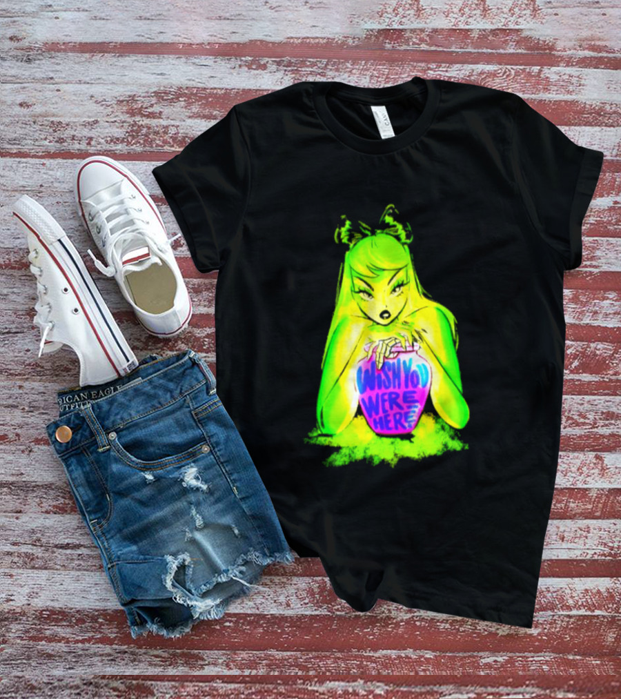 Wish You Were Here Skeleton Urn Goth Spooky Green Yellow Pink Ghostly Aesthetic T-Shirt