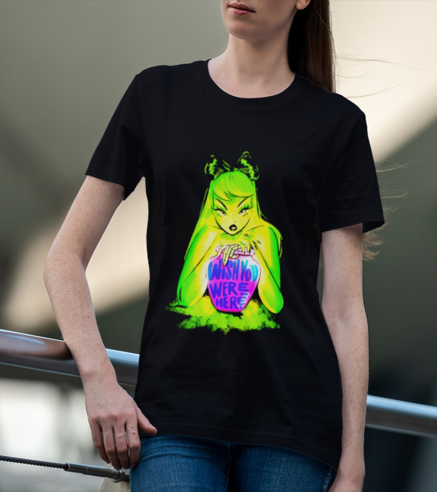 Wish You Were Here Skeleton Urn Goth Spooky Green Yellow Pink Ghostly Aesthetic T-Shirt